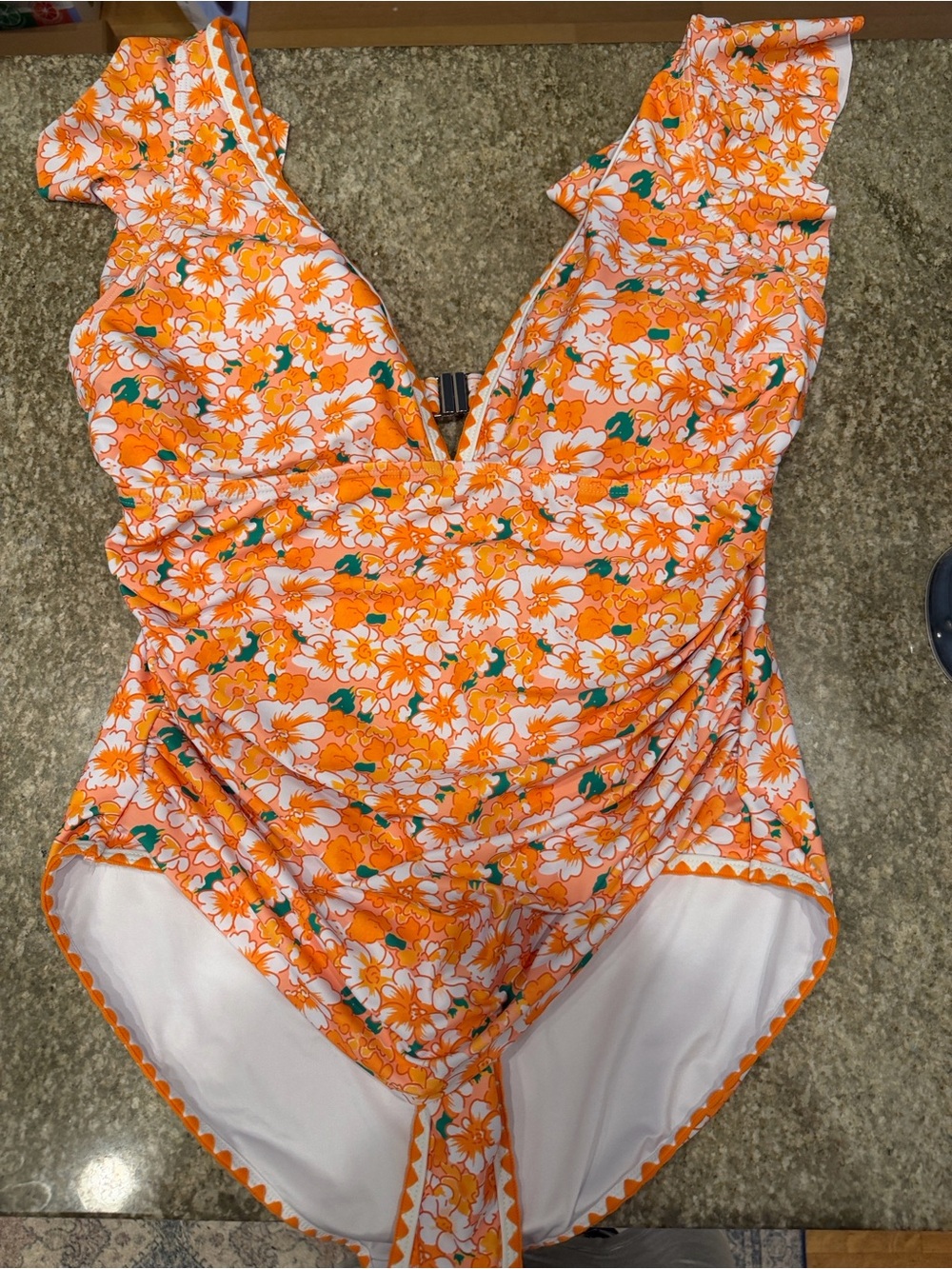 Aidonger Orange Floral Ruffle One Piece Swimsuit Womens Large V-Neck Ruched